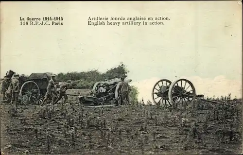AK Englische schwere Artillerie im Einsatz, I WK