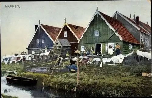 Photochromie Marken Nordholland Niederlande, Wohnhäuser am Fluss, Wäscheleinen