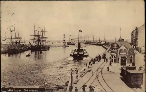 Ak Malmö Schweden, Hamnen, Blick in den Hafen, Schiffe, Güterwaggon