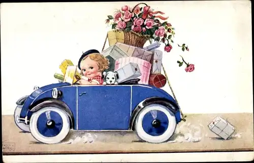 Künstler Ak Wills, John, Mädchen mit Geschenken in einem Automobil, Hund