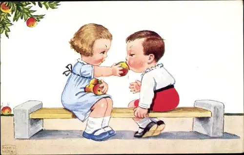 Künstler Ak Wills, John, Junge und Mädchen auf einer Bank, Äpfel