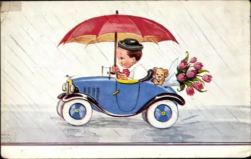 Künstler Ak Wills, John, Junge im offenen Automobil, Regenschirm, Hund, Tulpen