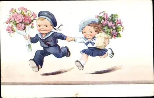 Künstler Ak Wills, John, Junge und Mädchen in Matrosenanzug, Blumen