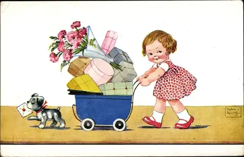 Künstler Ak Wills, John, Mädchen, Puppenwagen voller Geschenke, Blumen, Hund