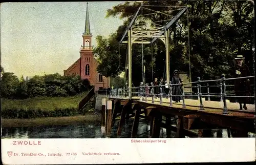 Ak Zwolle Overijssel Niederlande, Schoenkuipen-Brücke, Kirche