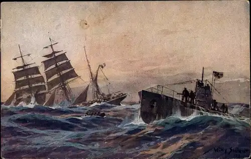 Künstler Ak Stöwer, Willy, Deutsches U Boot versenkt französische Bark, Atlantik, U-Boot Spende 1917