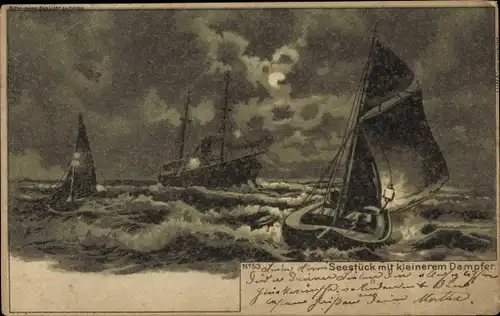 Mondschein Litho Seestück mit kleinerem Dampfer, Segelboote