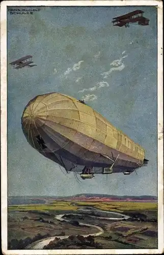 Künstler Ak Schulze, Hans Rudolf, Zeppelin Luftschiff Hansa im Kampf mit feindl. Fliegern, I WK