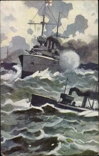 Künstler Ak Deutsche Kriegsschiffe, Vorstoß deutscher Torpedoboote nach der englischen Küste, I. WK