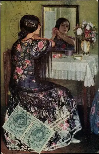 Künstler Ak Cardona, J., Frau in spanischer Volkstracht vor dem Spiegel, Blumen
