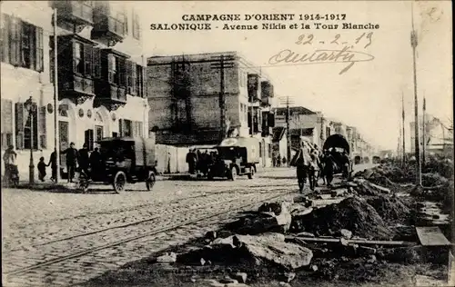 Ak Thessaloniki Griechenland, Avenue Nikis, Weißer Turm, I. WK