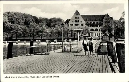 Ak Glücksburg an der Ostsee, Matthias Claudius Heim, Steg, Strandkörbe