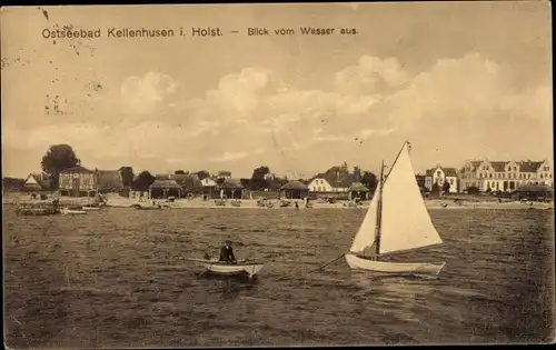 Ak Ostseebad Kellenhusen in Holstein, Strand, Blick vom Wasser aus, Segelboot