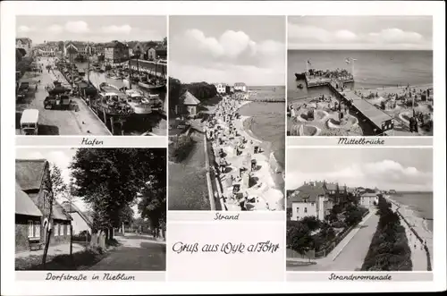 Ak Wyk auf Föhr Nordfriesland, Hafen Mittelbrücke, Dorfstraße Nieblum, Strandpromenade, Strand