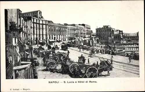 Ak Napoli Neapel Campania, S. Lucia, Hotel di Roma, Pferdebahn