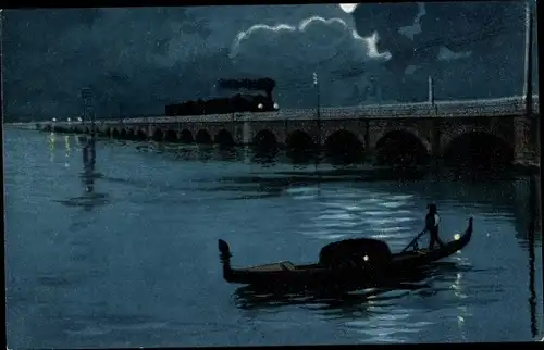 Künstler Ak Venezia Venedig Veneto, Ponte della Ferrovia, Nacht