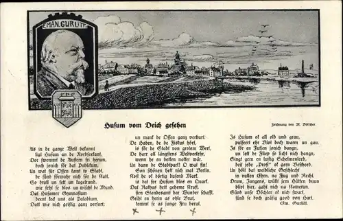 Künstler Lied Ak Böttcher, Husum in Nordfriesland, Ansicht vom Deich aus, Emanuel Gurlitt, Wappen