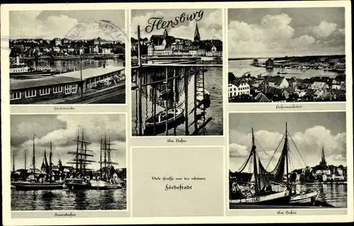 Ak Flensburg, Hafen, Fördebrücke, Fischerboote, Segelschiffe