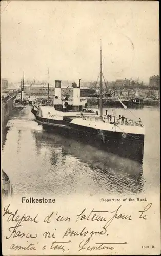Ak Folkestone Kent England, Abfahrt des Bootes