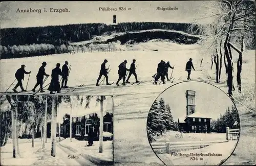 Ak Annaberg Buchholz Erzgebirge, Pöhlberg, Skigelände, Unterkunftshaus, Winter