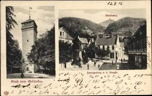 Ak Zwingenberg an der Bergstraße Südhessen, Melibokus, Straßenpartie, Turm