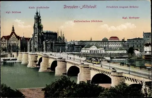 Ak Dresden Altstadt, Friedrich August-Brücke, Königliches Schloss, Katholische Kirche