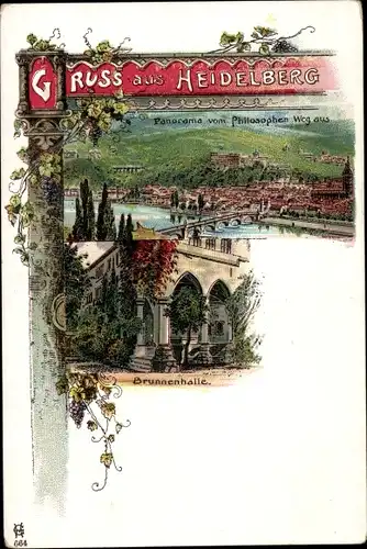 Litho Heidelberg am Neckar, Panorama vom Philosophenweg aus, Brunnenhalle