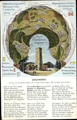 Ak Grünhain im Erzgebirge Sachsen, König-Albert-Turm, Spiegelwaldlied