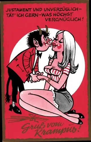 Künstler Ak Krampus küsst Blondine im Minirock, Beine, Busen