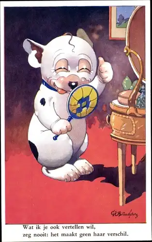 Künstler Ak Studdy, George, E., Bonzo der Hund mit Handspiegel