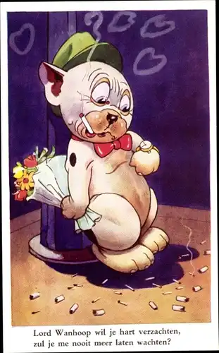 Künstler Ak Studdy, George, E., Bonzo der Hund mit Blumenstrauß, Zigaretten