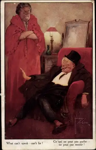 Künstler Ak Wood, Lawson, Betrunkener Mann im Sessel, wütende Frau