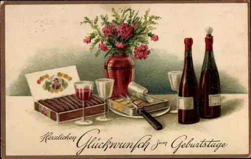 Ak Glückwunsch Geburtstag, Zigarren, Weinflaschen, Blumenstrauß