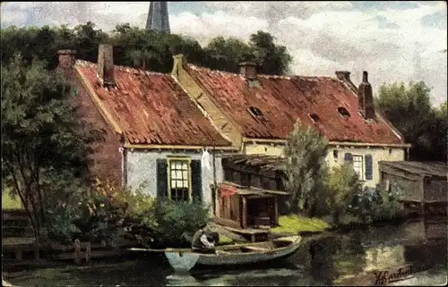 Künstler Ak Gerstenhauer, Niederländ. Landhaus, Kanal, Ruderboot