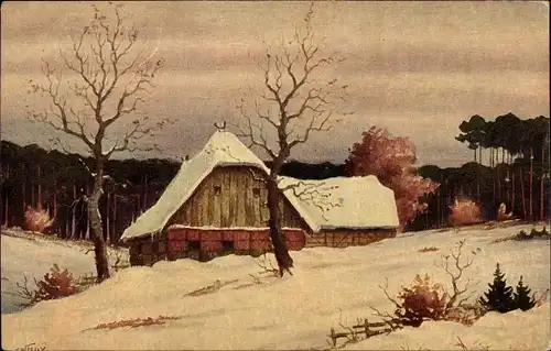 Künstler Ak Hoy, W., Bauernhaus in einer Winterlandschaft, Schnee