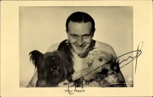 Ak Schauspieler Willy Fritsch, Portrait mit Hunden, Ross Verlag 6747 2, Ufa Film, Autogramm