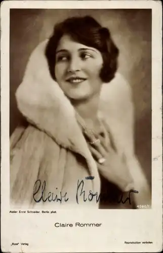 Ak Schauspielerin Claire Rommer, Portrait, Pelz, Perlenkette, Autogramm