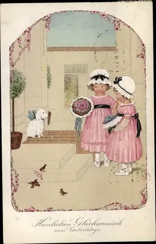 Künstler Ak Döring, Lia, Glückwunsch Geburtstag, Mädchen mit Blumensträußen