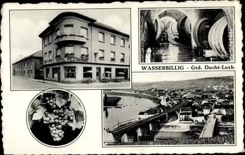 Ak Wasserbillig Luxemburg, Hotel Restaurant Mailliet Mich, Stadtansicht, Weinkeller
