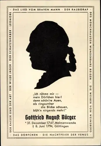 Scherenschnitt Ak Molmerswende, Gottfried August Bürger, Dichter, Profil, Die Nachtfeier der Venus