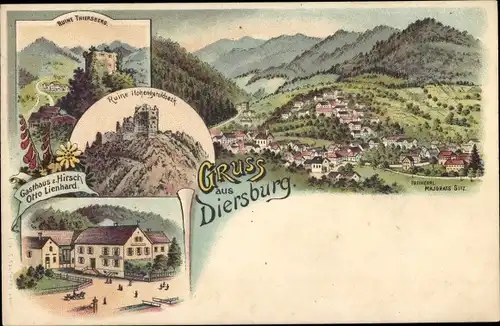 Litho Diersburg Hohberg im Schwarzwald Baden, Gasthaus zum Hirsch, Ruine Hohengeroldseck