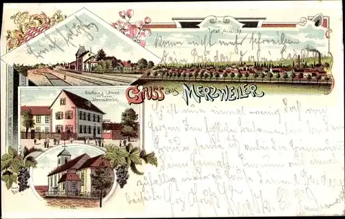 Litho Mertzwiller Merzweiler Elsass Bas Rhin, Gesamtansicht, Bahnhof, Gasthof zum Löwen, Kirche
