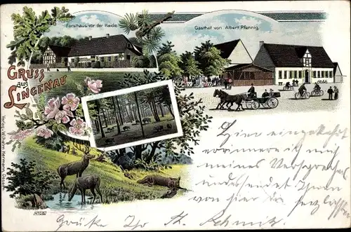 Litho Lingenau Raguhn in Anhalt, Forsthaus vor der Haide, Gasthof Albert Pfennig