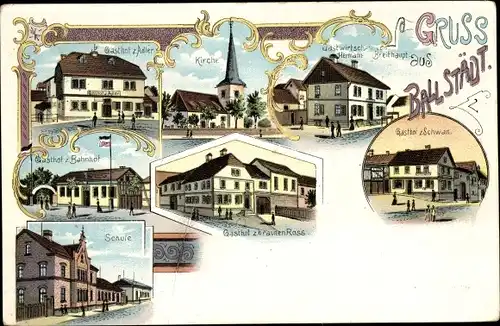 Litho Ballstädt Thüringen, Kirche, Gasthof zum Adler, Gastwirtschaft Hermann Breithaupt, Schule