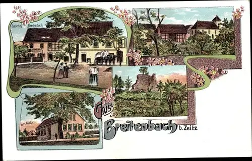 Litho Breitenbach Wetterzeube im Burgenlandkreis, Gasthof Breitenbach, Schule, Ruine, Kirche