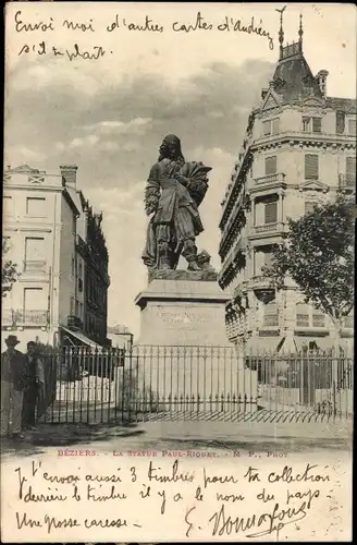 Postkarte Béziers Hérault, Statue Paul Riquet