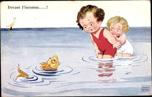 Künstler Ak Wills, John, Kinder im Wasser, Fisch