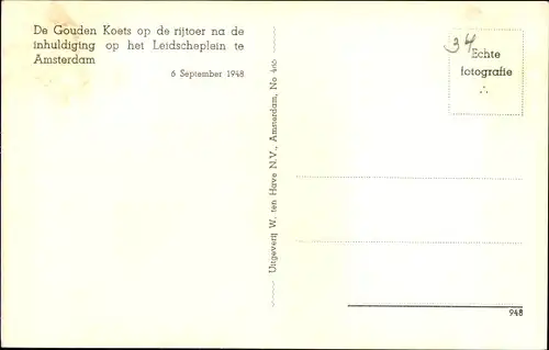 Ak Amsterdam, Leidscheplein, Goldene Kutsche der Königsfamilie, 1948