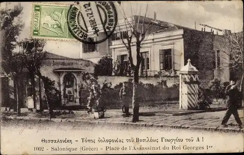 Ak Saloniki Thessaloniki Griechenland, Platz der Ermordung von König Georg 1.