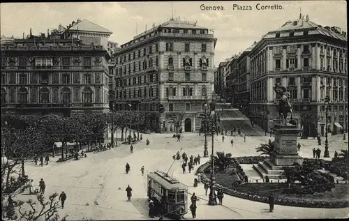 Ak Genova Genua Liguria, Piazza Corvetto, Statue, Straßenbahn